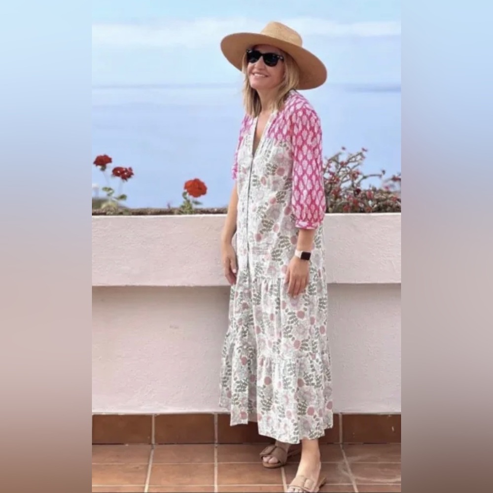 The Paloma Printed Midi Colorblock Patchwork V Neck Button Dress  XL